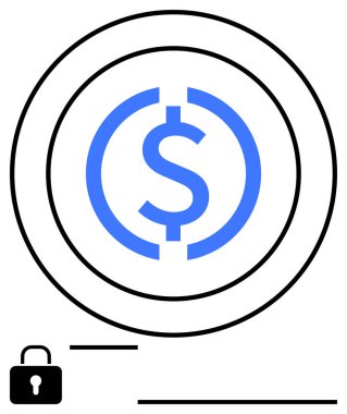 Minimalist dairesel tasarım ve asma kilitle çevrili mavi daireli dolar işareti. Finans, güvenlik, tasarruf, engelleme zinciri, kripto para, dijital ekonomi, fintech için ideal. Düz basit metafor