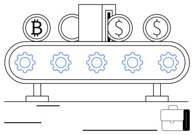 Altında mali otomasyonu temsil eden vitesli taşıma bandında dolar ve Bitcoin sembolleri olan sikkeler. Fintech, engelleme zinciri, yenilik, iş büyümesi, finans ve dijital ekonomi için ideal