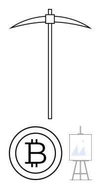Bitcoin 'in üzerinde kripto para, blok zinciri, dijital sistemler, yatırım, teknoloji yeniliği, minimalizm, düz basit metaforu temsil eden tuval üzerinde maden kazma sembolü.