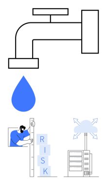 Su damlacıklı büyük boy musluk, risk bloklarını ölçen kişi, bulut hesaplama ve sunucu altyapısı. Su yönetimi, risk azaltma, veri akışı, sürdürülebilirlik ve kaynak için ideal