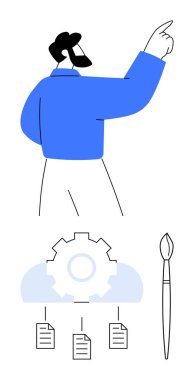 İnsan kendine güvenerek el kol hareketi yapar. Yaratıcı iş akışını simgeler. Belgeler ve boya fırçasıyla bulutları birbirine bağlayan dişlilerle. Yenilik, yaratıcılık, takım çalışması, proje yönetimi, liderlik için ideal