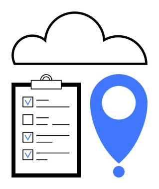 Listede mavi lokasyon sembolü olan bir bulut simgesi. Üretkenlik, iş akışı, görev yönetimi, navigasyon, bulut çözümleri, veri depolama, basit iniş sayfası için ideal