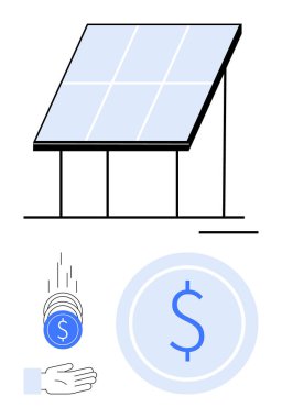 Açık el ve dolar işaretine bozuk para atan güneş paneli, enerji verimliliğini, maliyet tasarruflarını, çevre dostu teknolojiyi, sürdürülebilirliği, yenilenebilir kaynakları sembolize ediyor. Enerji için ideal