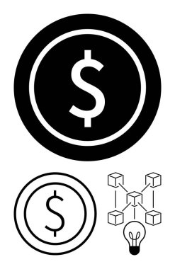 Kalın bozuk para formatında dolar işareti, engelleme ağı diyagramı ve ampul çizgisi. Fintech, inovasyon, kripto para birimi, blok zinciri, başlangıç, finans ve basit iniş sayfası için ideal