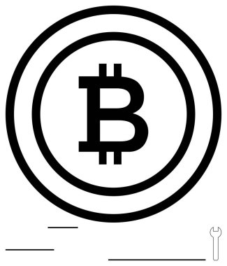 Eş merkezli daireler içinde anahtar ikonu ve minimum çizgilerle Bitcoin logosu. Kripto para birimi, engelleme zinciri, finans, fintech, dijital ekonomi, teknoloji ve yenilik için ideal. Düz basit metafor