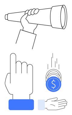 El ele tutuşan teleskop, işaret eden el hareketi, açık ellere düşen bozuk paralar. Vizyon, fırsat, yatırım, rehberlik, karar verme, iş geliştirme için ideal basit iniş sayfası