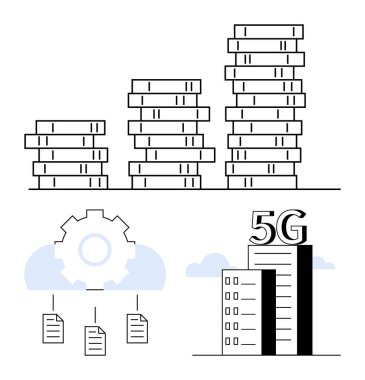 Yığılan madeni paralar mali büyümeyi, belge ve teçhizatlı bir bulut dijital veri paylaşımını temsil ediyor ve 5G destekli bir bina modern bağlantı genişlemesini vurguluyor. Teknoloji için ideal