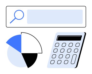 Arama çubuğu, segmentli pasta tablosu, ve hesap makinesi örnekleme analizi, araştırma, hesaplama, verimlilik, istatistik, organizasyon ve karar verme. Basit veri odaklı temalar için ideal