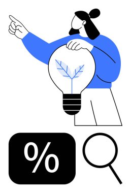 Elinde bir ampul tutan kişi büyümeyi temsil eden bir yaprak taşıyor. Yakınlarda yüzde yüz işaret ve büyüteç var. Yenilik, sürdürülebilirlik, analiz, ekonomi, ekoloji ve araştırma stratejisi için ideal