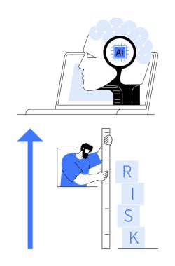 Yığılmış RISK bloklarını yukarı doğru ok ile ölçen birinin yanında bir dizüstü bilgisayardaki yapay zekanın baş parmağı. Teknoloji, yenilik, yapay zeka, risk değerlendirmesi, veri analizi, karar verme, basit
