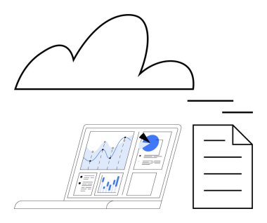 Veri tabloları, grafikler ve dijital belge gösteren bir dizüstü bilgisayara bağlı bulut. Teknoloji, veri depolama, analitik, üretkenlik, dosya paylaşım yeniliği bulut çözümleri için idealdir. Düz basit