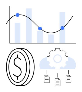 Satır grafiği, para birimi simgesi, dişli ve belgelere bağlı bulut tablosu. Analiz, iş büyümesi, finans, teknoloji, bulut depolama, veri paylaşımı için ideal düz bir metafor
