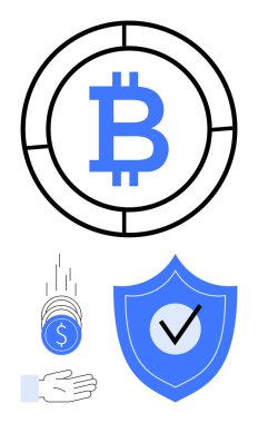 Dairesel çerçevede Bitcoin sembolü, bozuk para yakalayan el ve işaretli kalkan. Finans, kripto para birimi, işlemler, güvenlik, engelleme zinciri, yatırım sade iniş sayfası için ideal
