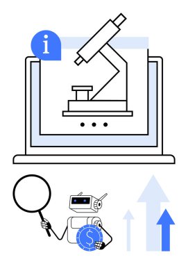 Dizüstü bilgisayarda mikroskop, robotun elinde büyüteç ve bozuk para var. Bilim, teknoloji, yapay zeka geliştirme, veri analizi, yenilik, eğitim ve araştırma için ideal
