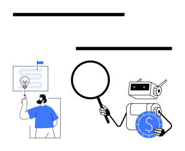 Robot büyüteçle analiz eder, para tutar, insan planlama fikrinin yanında. Teknoloji, yenilik, finans, strateji, takım çalışması analitik yapay zeka temaları için idealdir. Düz basit