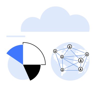 Pasta grafiği ve çizgilerle birbirine bağlı küresel insan ikonları ağına sahip bulut. İşbirliği, bağlantı, analitik, veri paylaşımı, takım çalışması, yenilik, bulut hesaplama için ideal. Düz basit metafor