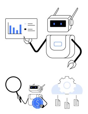 Robot verileri ekranda analiz ediyor, araştırma için büyüteç tutuyor, madeni parayı idare ediyor ve vitesli görev akışını denetliyor. Teknoloji, yapay zeka, otomasyon, veri bilimi ve fintech için ideal