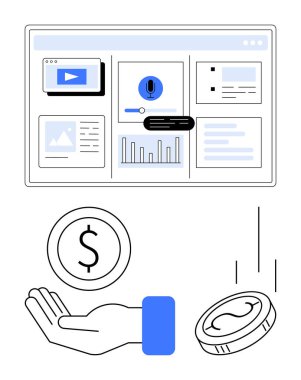 Web sitesi arayüzü grafikleri, medya ve alarmları içerir. Ön planda para yakalama, online kazancı sembolize ediyor. Finans, iş, çevrimiçi kazançlar ve analitik reklamlar için ideal