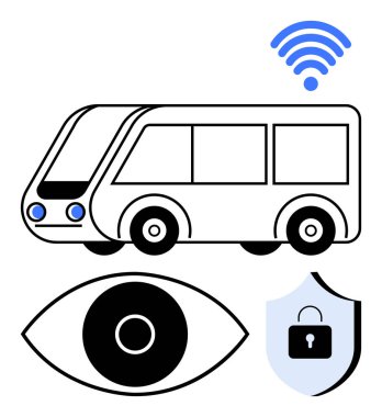 Kablosuz bağlantıya bağlı otonom otobüs, kilitli bir güvenlik kalkanı ve izleme için gözetleme gözü. Akıllı ulaşım, kamu güvenliği, bağlantı, gözetleme, mahremiyet, yapay zeka sade iniş için ideal