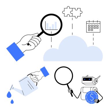 Ellerinde büyüteç, çizelgeler, yapboz parçaları ve bulut üzerinde takvim olan eller, bulut sezgilerini analiz eden, besleyici konsept robot. Veri analizi, yapay zeka, takım çalışması, strateji, planlama büyümesi için ideal
