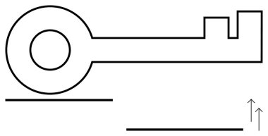 Temiz çizgiler ve en az detay içeren, yatay çizgiler ve yukarı doğru oklarla eşleştirilmiş bir anahtarın ana hatları. Güvenlik, kilidi açmak, erişim, potansiyel, ilerleme, basitlik minimalizmi için idealdir. Düz basit