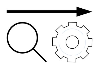 Büyüteç, vites ve ok simgeleri arama, işleme ve ilerlemeyi sembolize eder. Teknoloji, yenilik, optimizasyon, iş akışı hedefi basit iniş sayfalarının çözülmesi için ideal