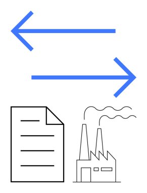 Bir belge ile bacalı bir fabrika binası arasında veri akışını gösteren iki ok. Veri değişimi, lojistik, imalat, sanayi süreçleri, iletişim, belge yönetimi için ideal