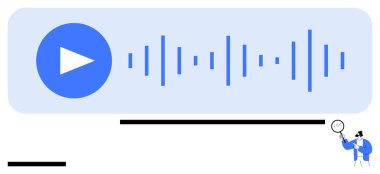 Minimalist dedektif karakteriyle açık mavi bir arayüzde oynat ve ses dalgası çal. Ses yayını, podcast, ses tasarımı, dijital araçlar, ses görselleştirme, eğitim, basit