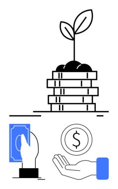 Bozuk para yığınından çıkan bitki, para tutan el, para getiren el. Büyüme, finans, yatırım, sürdürülebilirlik, tasarruf ekonomisi zenginlik inşası için idealdir. Basit bir iniş sayfası için mükemmel