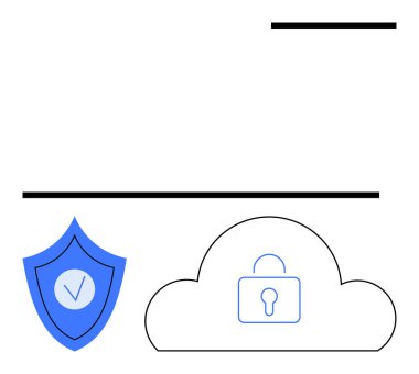 Üzerinde kontrol işareti olan bir kalkan ve kilitli bir asma kilit içeren bulut. Siber güvenlik, veri koruması, çevrimiçi güvenlik, şifreleme, bulut depolama, teknoloji güvenliği, basit iniş sayfası için ideal