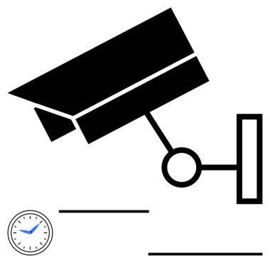 CCTV kamerası gözlem için minimum saat tasarımı ile donatılmıştır, zamanı, güvenliği, tetikte olmayı ve teknolojiyi vurgulamaktadır. Güvenlik sistemleri, işyeri denetimi, zaman yönetimi, siber güvenlik için ideal