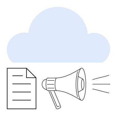 Belgenin üstündeki mavi bulut ve megafon yayıyor. Veri paylaşımı, pazarlama, dijital iletişim, bulut depolama, çevrimiçi duyurular, işbirliği, düz bir metafor için ideal