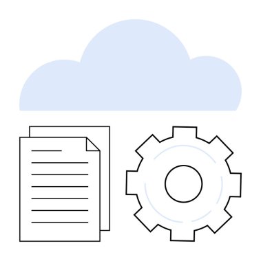 Bulut, belge ve teçhizat veri depolama, dosya paylaşımı ve sistem otomasyonunu işaret ediyor. Teknoloji, iş akışı, yenilik, dijital dönüşüm bulutu hesaplama bilişim çözümleri basit iniş için idealdir