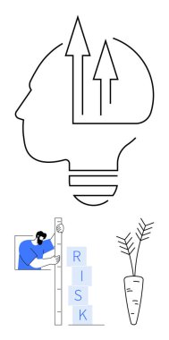 Oklu insan ampulü büyümeyi ve fikirleri simgeler. Risk bloklarını ölçen adam, havuç filizleri planlama, strateji ve sonucu simgeler. Yenilik, büyüme ve risk alma için ideal
