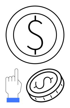 Dolar işareti, bozuk para ve el hareketi ile seçilim ya da etkileşim anlamına gelir. Finans, bankacılık, ödeme, yatırım, e-ticaret, dijital cüzdan sade iniş sayfası için ideal