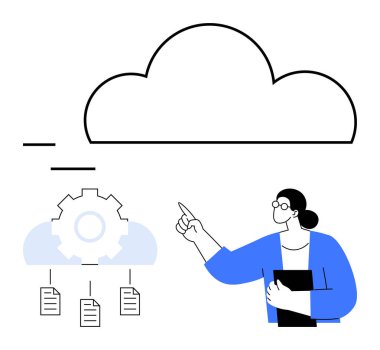 Bulutlara teçhizat ve belgelerle bakan, depolama ve organizasyonu temsil eden kadın. Teknoloji için ideal, bulut hesaplama, veri yönetimi, yenilik, eğitim, planlama takım çalışması. Düz basit