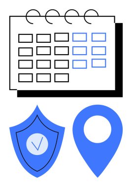 Üzerinde kontrol işareti olan mavi bir güvenlik kalkanı ve lokasyon iğnesi olan bir takvim. Zamanlama, seyahat planlaması, veri koruması, dakiklik, organizasyon, navigasyon ve basit bir iniş için ideal