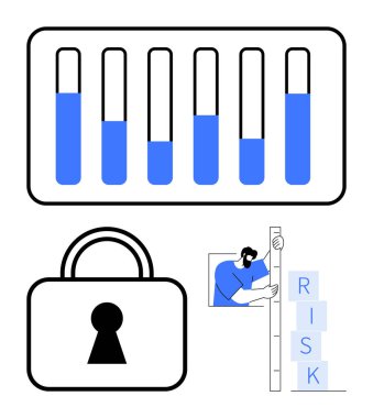 Çubuk grafik, kilit simgesi ve risk bloklarını yöneten kişi analiz, güvenlik ve karar verme mekanizmasını temsil ediyor. İş için ideal, fintech, siber güvenlik, analiz yönetim teknolojisi sade iniş