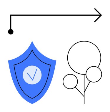 İşaretli mavi kalkan, soyut ağaç diyagramı ve korumayı, büyümeyi ve yönü sembolize eden ok. Güvenlik, veri, büyüme, çevre navigasyon teknolojisi için ideal basit iniş sayfası