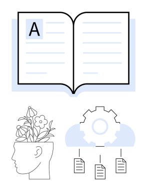 Açık kitap bilgiyi simgeler, çiçek açan kafa yaratıcılığı ve büyümeyi, vitesi ve belgeleri organizasyon ve yeniliği simgeler. Eğitim, gelişme ve yaratıcılık için ideal