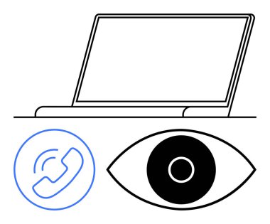 Çağrı sembollü bir dizüstü bilgisayar ekranı ve iletişimi, izlemeyi ve bağlantıyı vurgulayan bir göz simgesi. Konu başlıkları için ideal teknoloji, gizlilik, güvenlik, ağ oluşturma, uzak çalışma, akıllı
