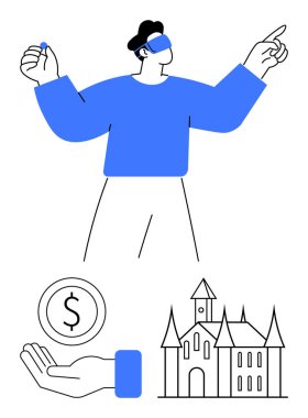 AR gözlüklü bir adam sanal dünyayı keşfediyor. Elinde para, dolar sembolü ve kale çizimi var. Yenilik, finans, teknoloji, oyun, gayrimenkul yatırımları için ideal basit bir iniş sayfası