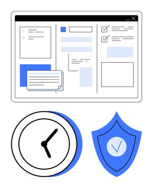 Formlar ve görevlerle ağ arayüzü, saat sembolü ve kalkanların zaman takibi, veri koruması. Üretkenlik, işbirliği, siber güvenlik, proje yönetimi, uyum UI