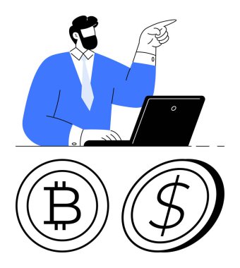 Aşağıda dizüstü bilgisayar, Bitcoin ve Dolar para simgeleri üzerinde çalışan takım elbiseli bir adam var. Kripto para, finans, yatırım, engelleme zinciri, dijital ödemeler, fintech ekonomi için ideal. Düz basit