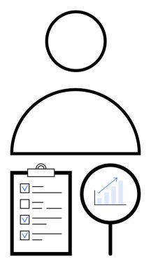 Pano kontrol listesi olan soyut bir insan figürü ve yukarı doğru giden grafiği gösteren büyüteç. Kullanıcı verileri, profil yönetimi, performans incelemesi, analitik, büyüme metrikleri, görev yönetimi için ideal
