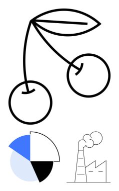 Basit çizgilerde yaprakları olan iki kiraz mavi, siyah ve beyaz renkli segmentli turta grafiği ve dumanlı fabrika. Sürdürülebilirlik, endüstri, tarım, üretim ekoloji analizleri için ideal