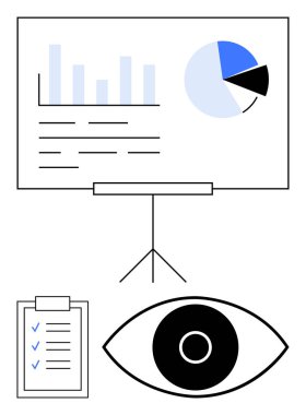 Sunum panosundaki çizelgeler, işaretli görevler listesi, odak ve dikkat için göz sembolü. Analiz, üretkenlik, yönetim, odaklanma, iş planlaması, strateji sade iniş sayfası için ideal
