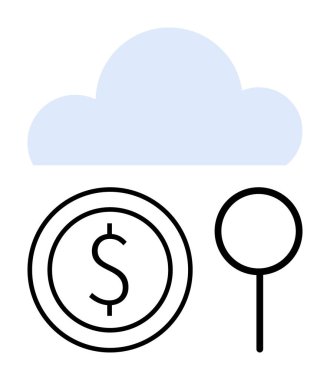 Bir dolar üzerindeki bulut simgesi ve büyüteç, bulut teknolojisini, finansmanı, dijital araştırmayı simgeliyor. Bulut hesaplama, e-ticaret, fintech, yatırım, tasarruf analizleri için ideal