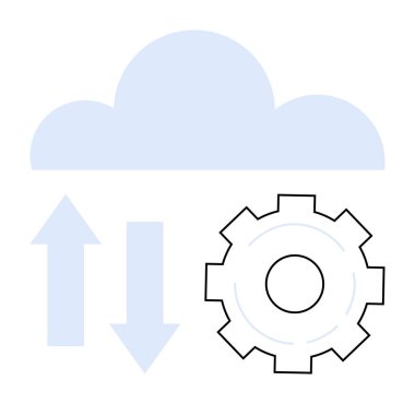 Veri akışını ve senkronizasyonu gösteren oklarla donanım ve bulut. Bulut teknolojisi, veri transferi, yenilik, bilgisayar, uygulama ayarları, otomasyon, basit iniş sayfası için ideal
