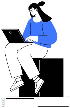 Gözlük takan ve dizüstü bilgisayar kullanan bir kadın. Teknoloji, uzaktan çalışma, eğitim, iletişim, üretkenlik, serbest çalışma ve modern yaşam tarzı kavramları için idealdir. Düz basit metafor